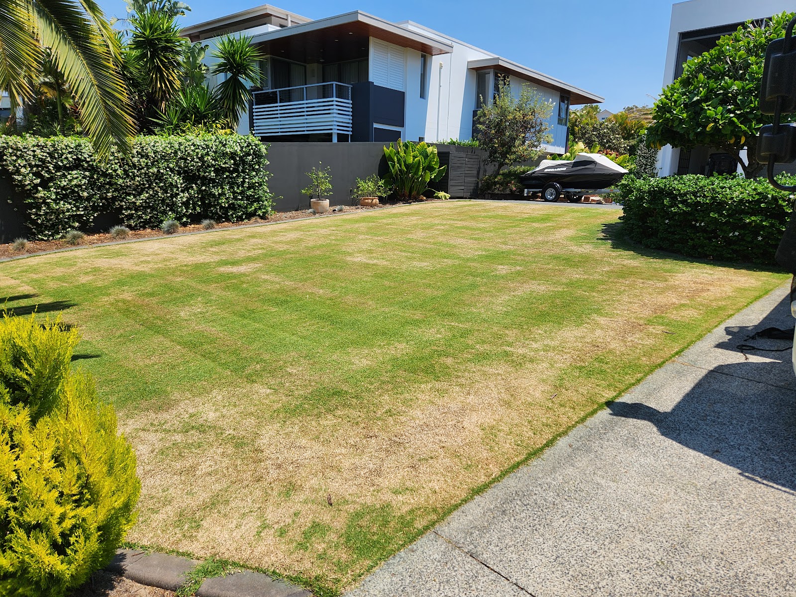 Front lawn and clipped hedges in front of a modern two storey home